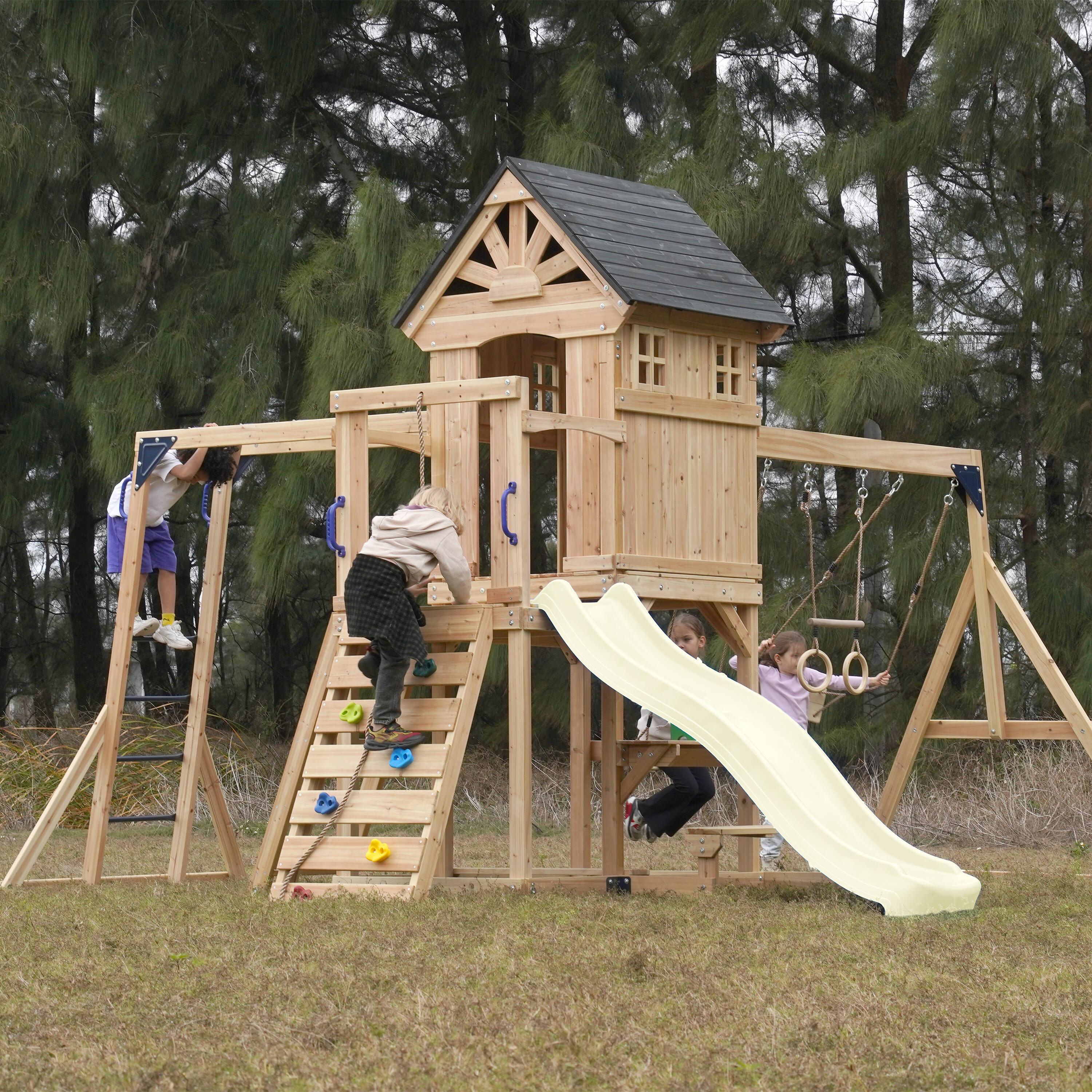Speeltoestel, AXI Duncan, 2 schommels, 1 glijbaan, hout, crème 5/7