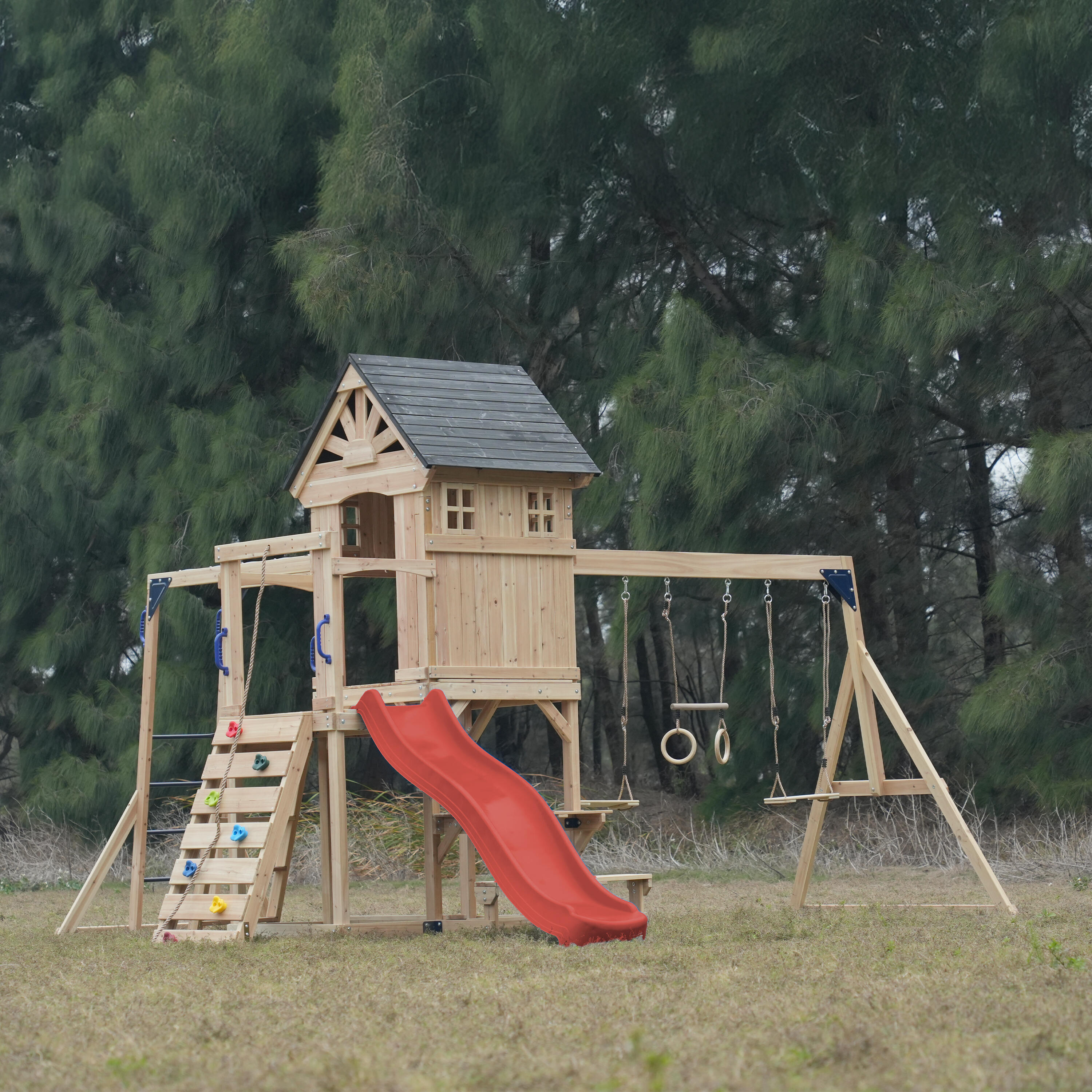 Aire de jeux, AXI Duncan, 2 Balançoires, 1 Toboggan, Bois, Rouge 4/7
