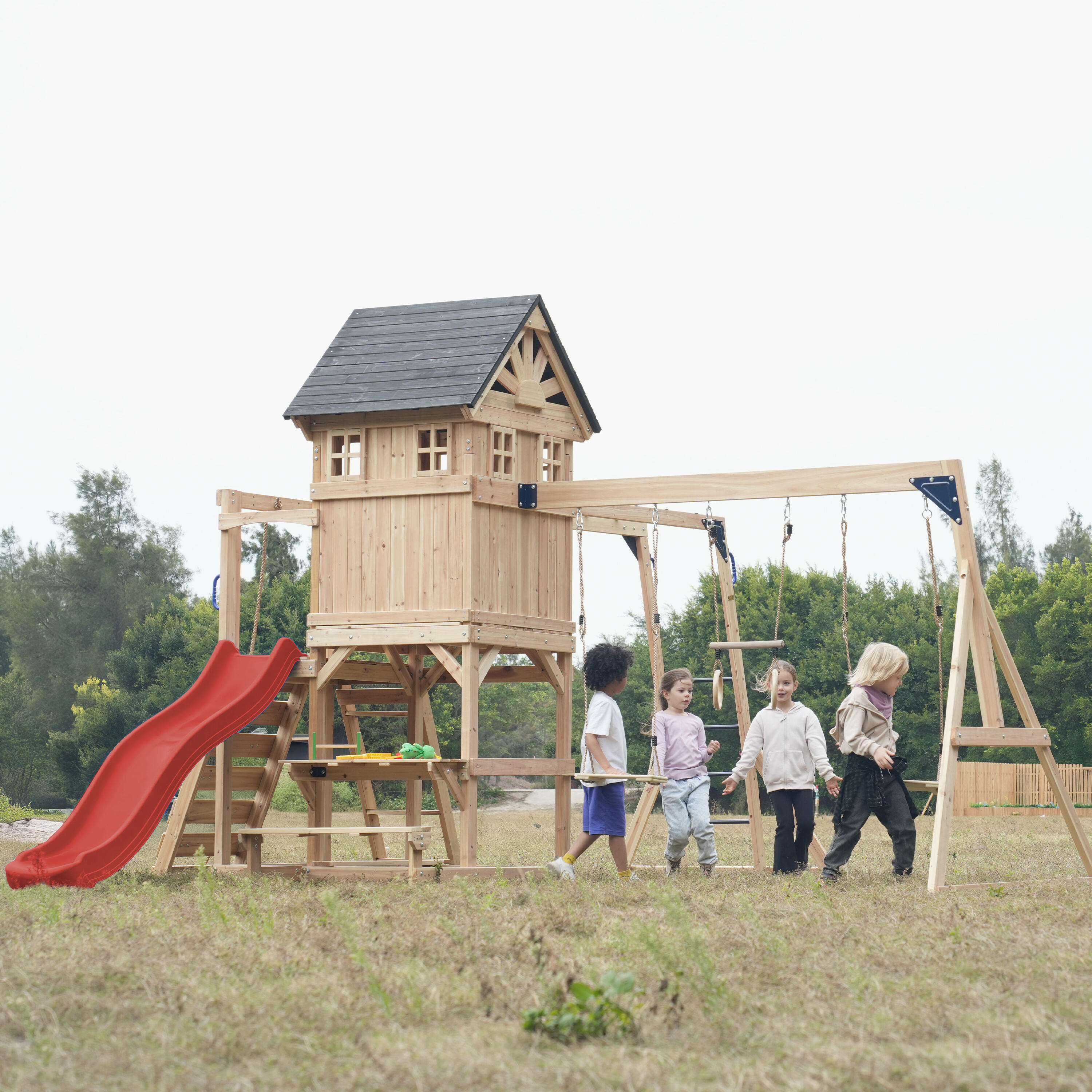 Aire de jeux, AXI Duncan, 2 Balançoires, 1 Toboggan, Bois, Rouge 6/7