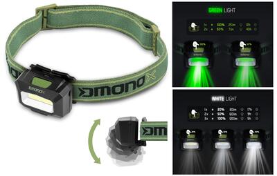 Lampada frontale MONOX 3W/1500mAh - Lampada da testa - Luce bianca verde