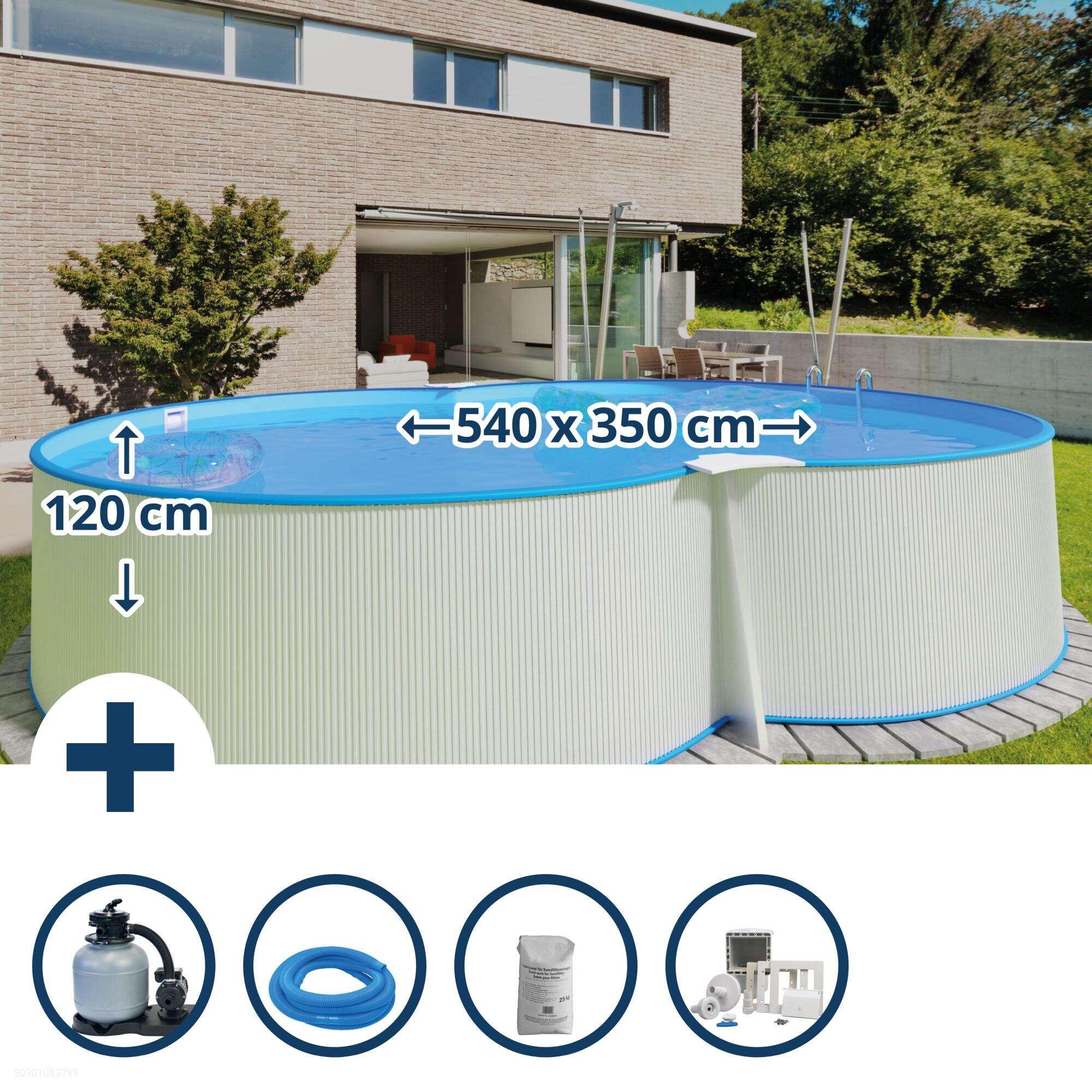 Stahlwandpool Set achtform 540x350x120cm, Stahl 0,4mm weiß, Folie
0,4mm blau 1/5