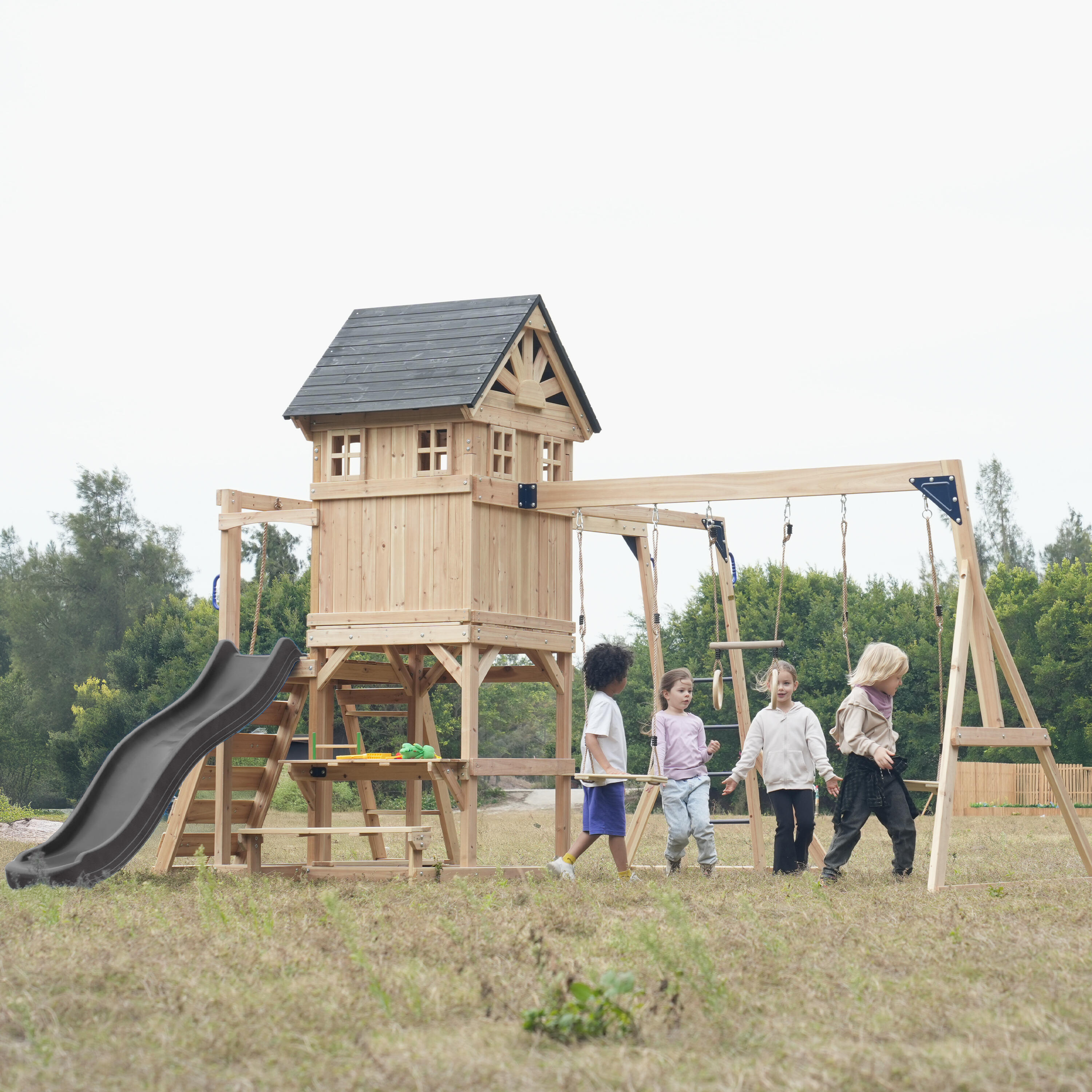 Speeltoestel, AXI Duncan, 2 schommels, 1 glijbaan, hout, grijs 6/7