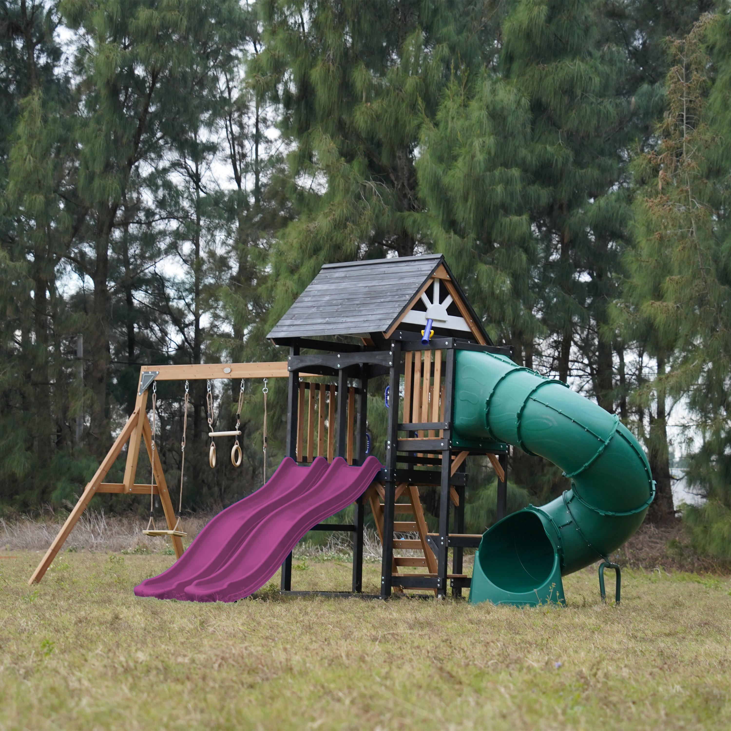 Aire de Jeux - AXI Cody - 2 Balançoires, Toboggan Tubulaire - Violet 3/7