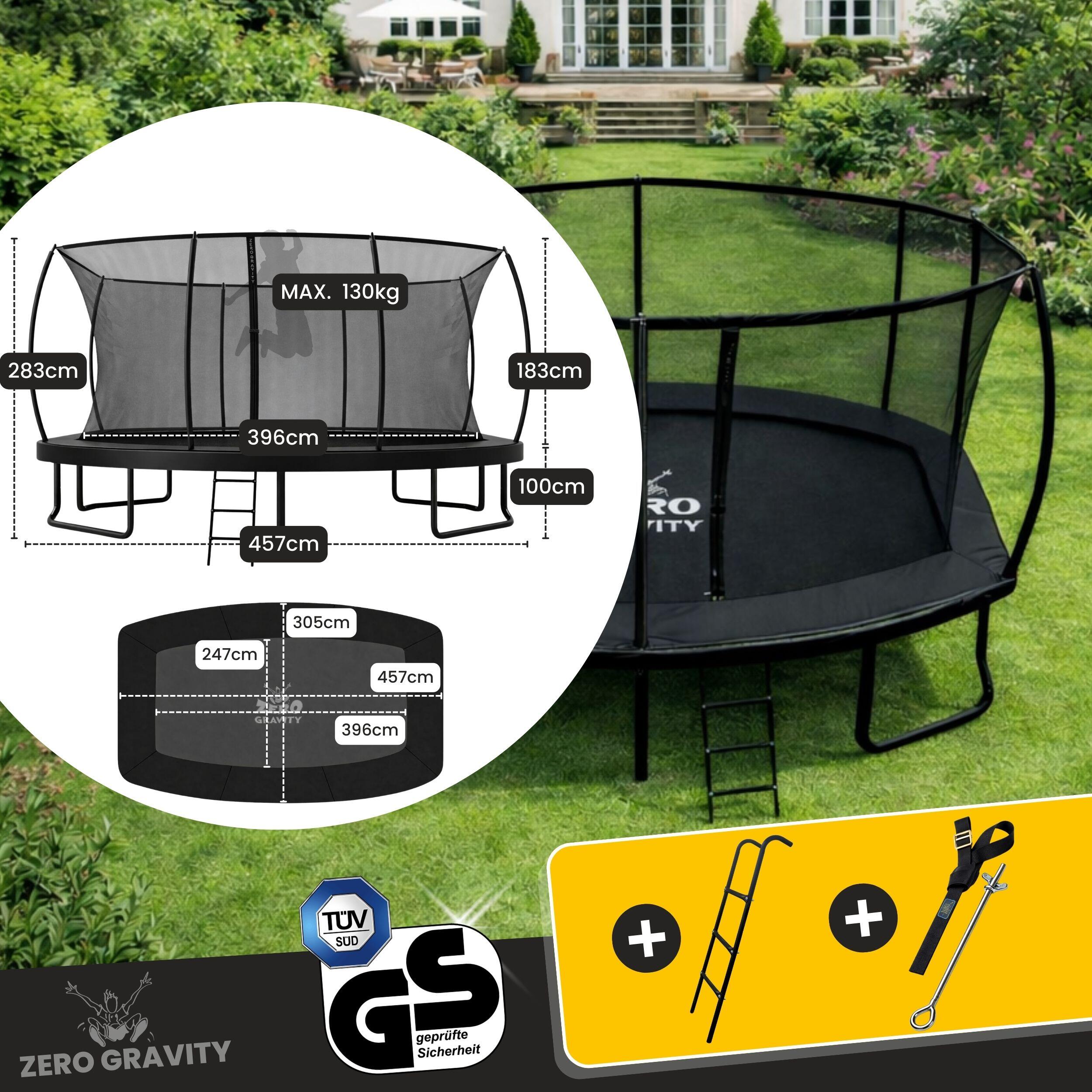 Trampolin Outdoor 457x305cm, TÜV GS, Smartes Klappnetz, Inkl. Leiter, Bodenanker 4/7