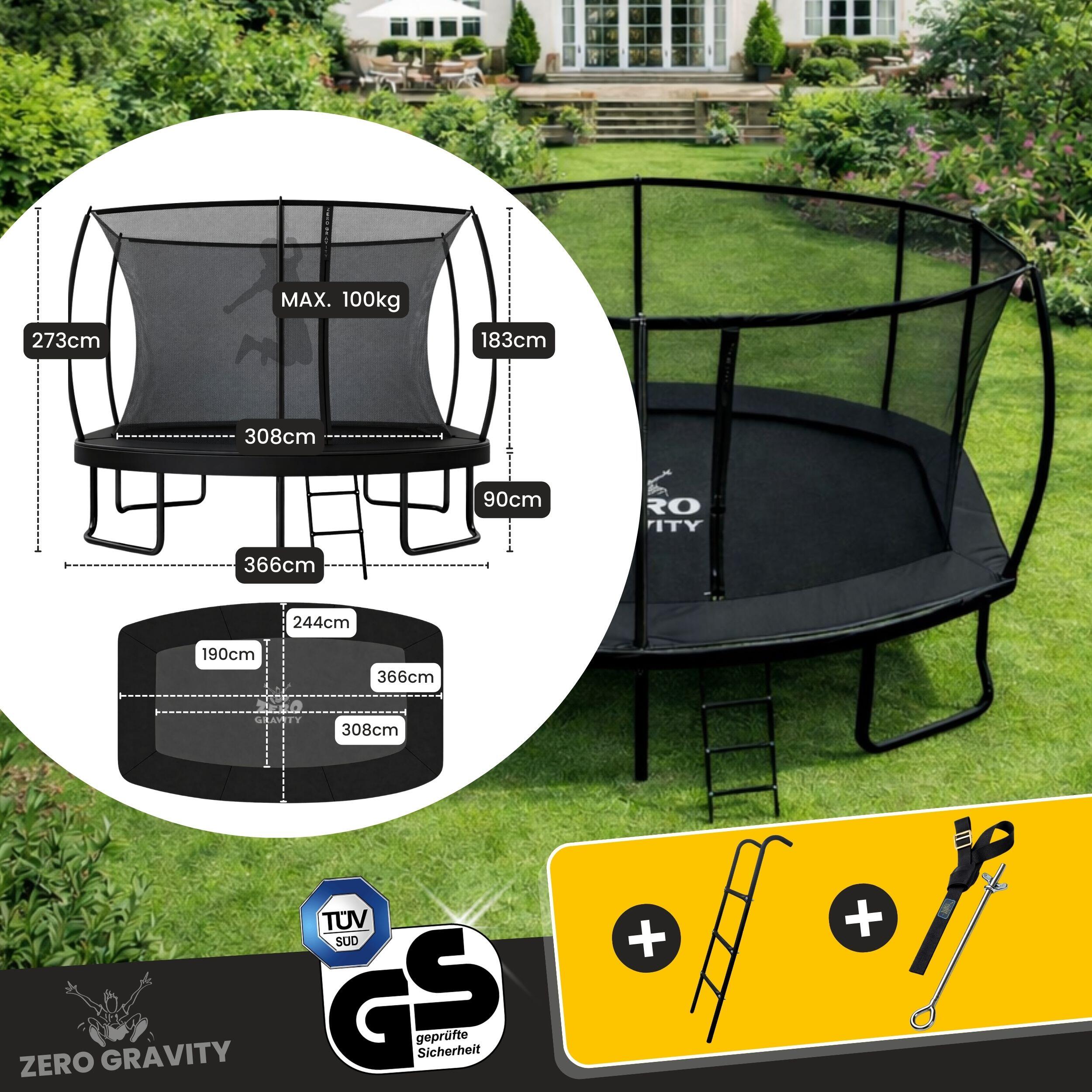 Trampolin Outdoor 366x244cm, TÜV GS, Smartes Klappnetz, Inkl. Leiter, Bodenanker 4/7