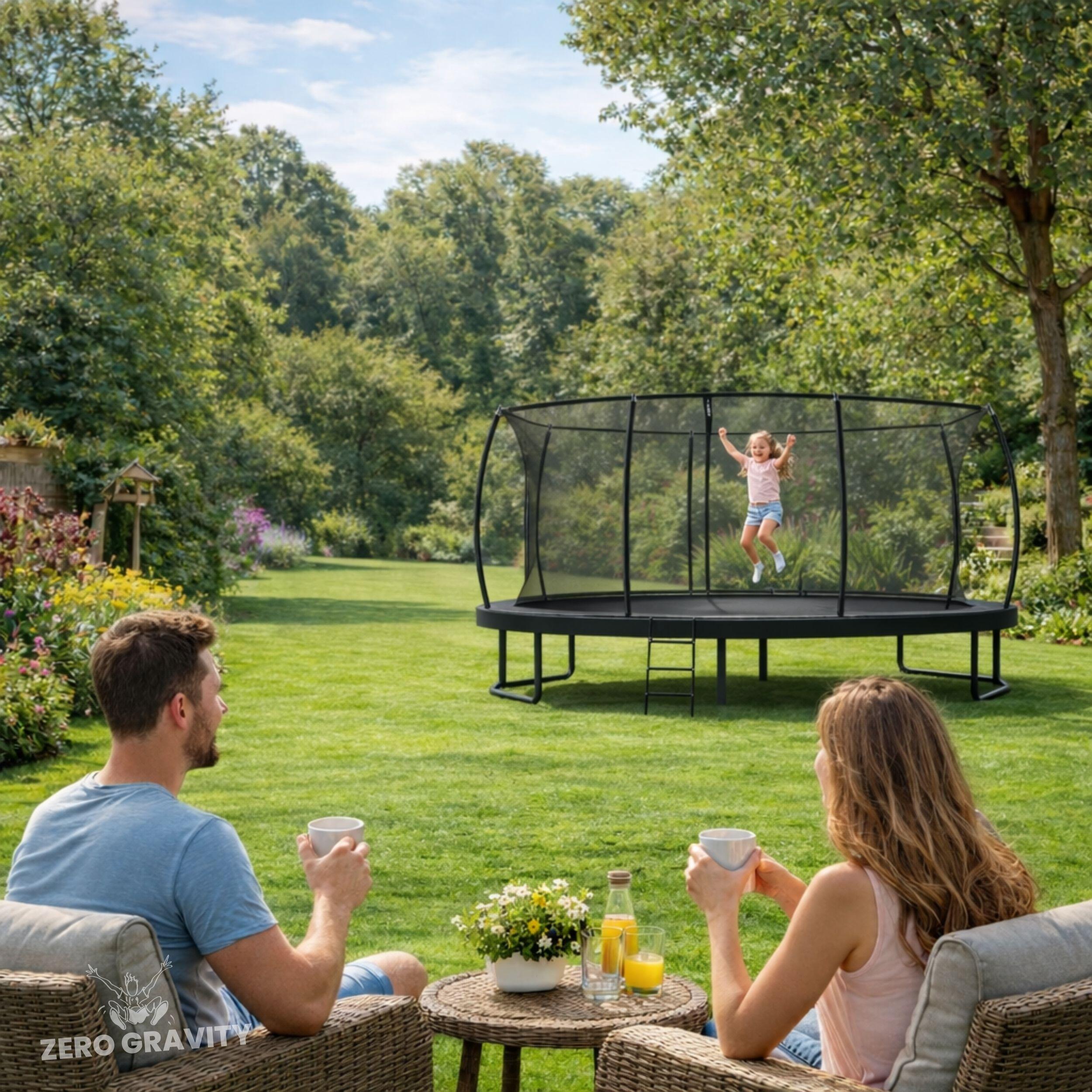 Trampolin Outdoor 305x213cm, TÜV GS, Smartes Klappnetz, Inkl. Leiter, Bodenanker 6/7