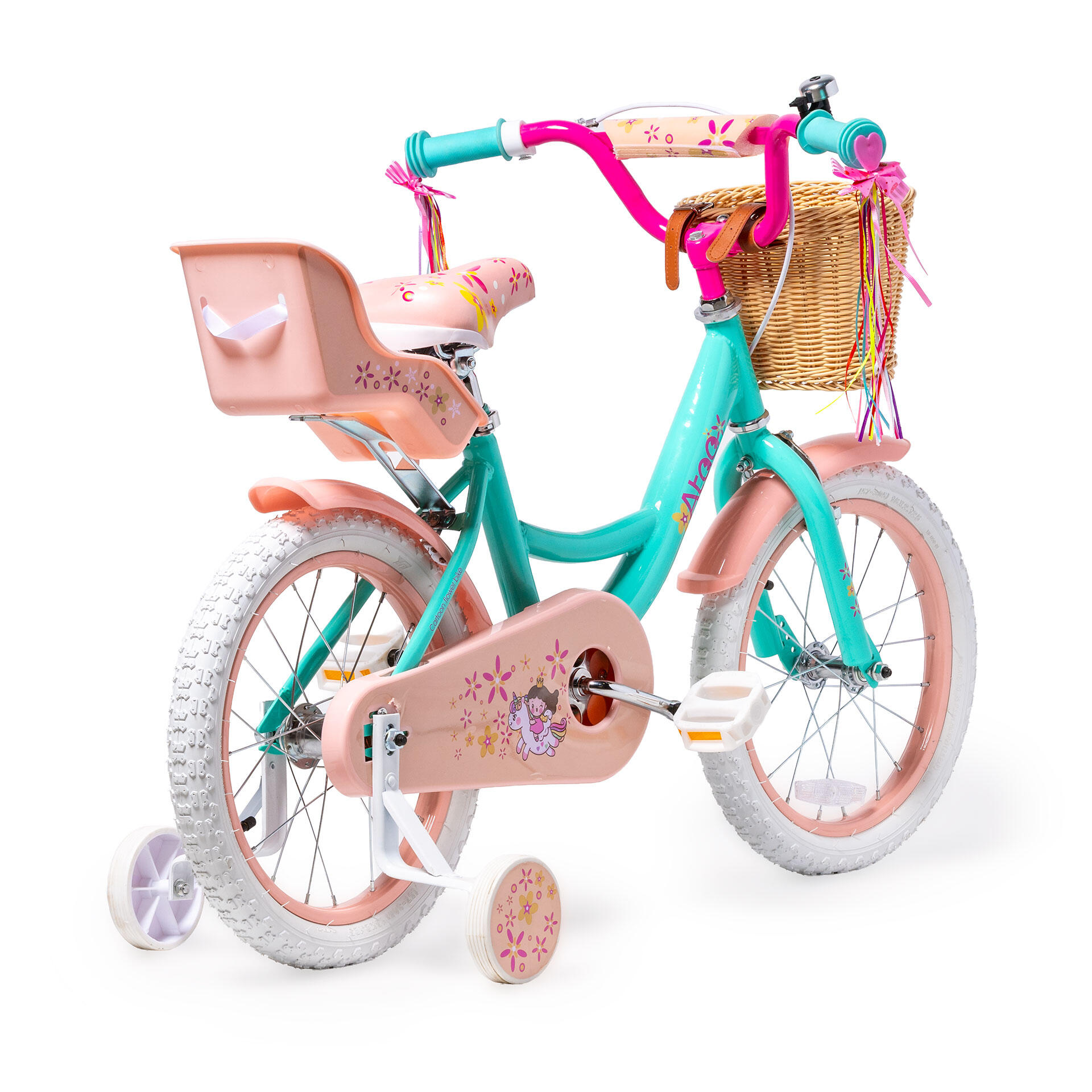 Katzen-Kinderfahrrad mit 30 cm Puppenhalter, Sattel und farbigen Schlaufen 3/7