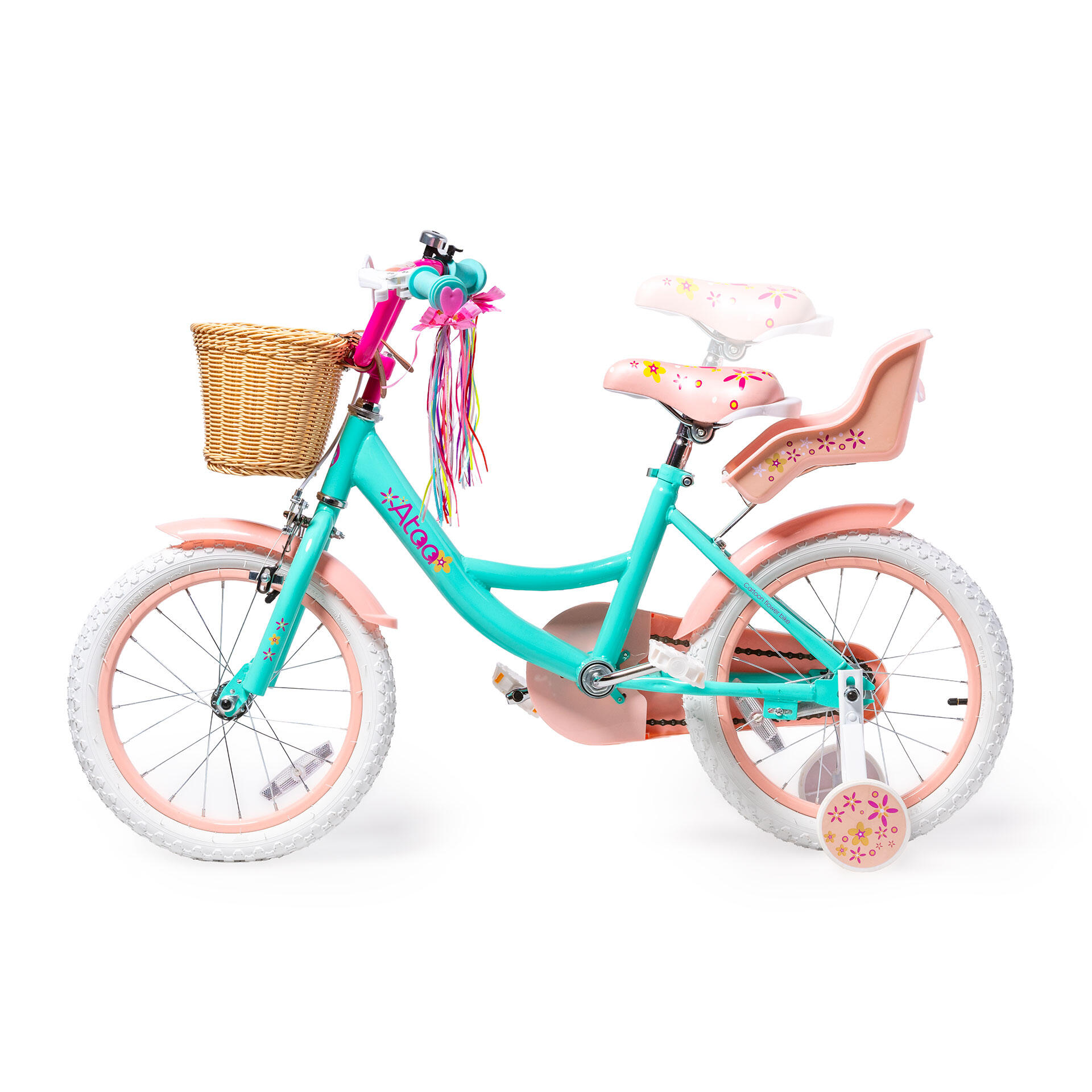 Katzen-Kinderfahrrad mit 30 cm Puppenhalter, Sattel und farbigen Schlaufen 2/7