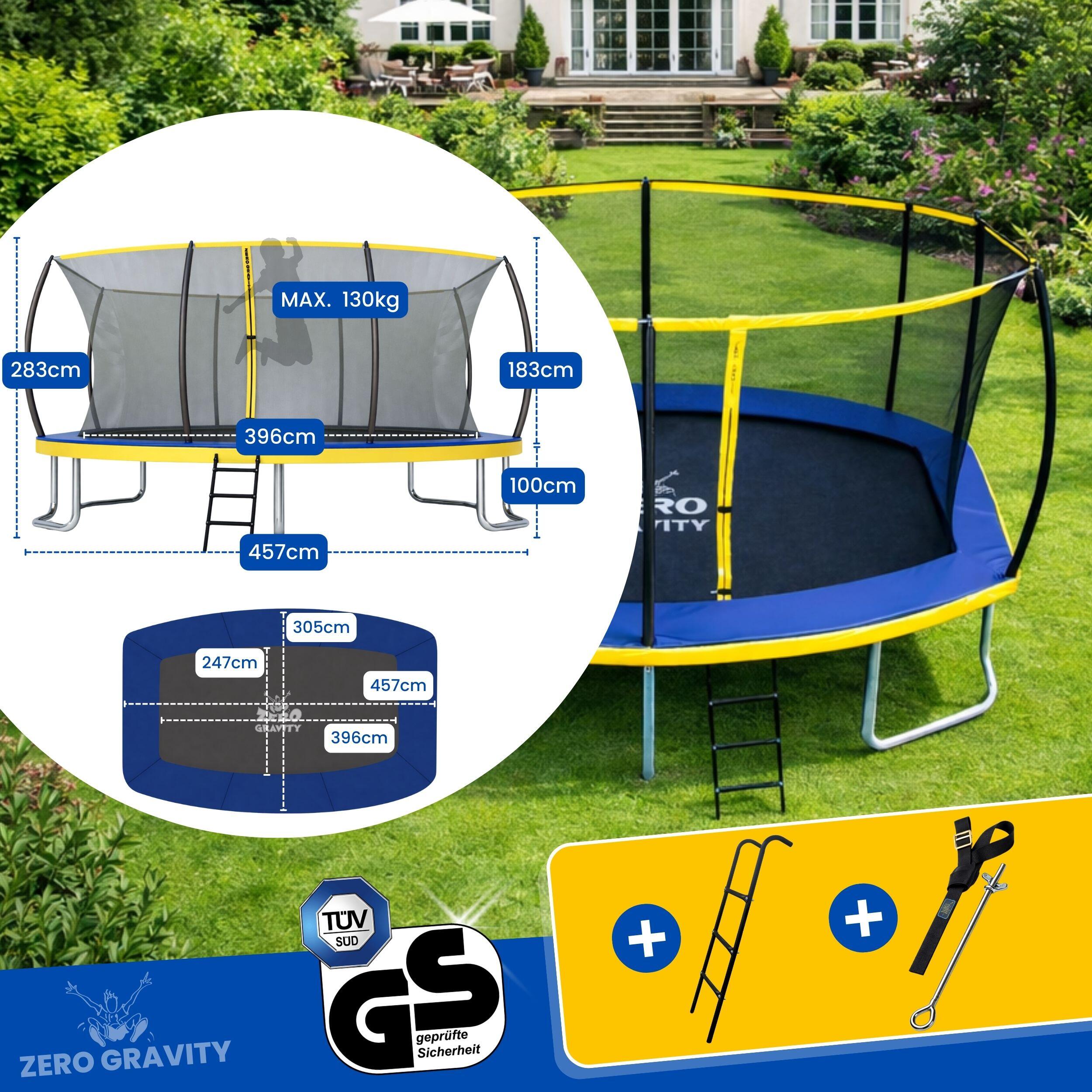Trampolin Outdoor 457x305cm, TÜV GS, Smartes Klappnetz, Inkl. Leiter, Bodenanker 4/7