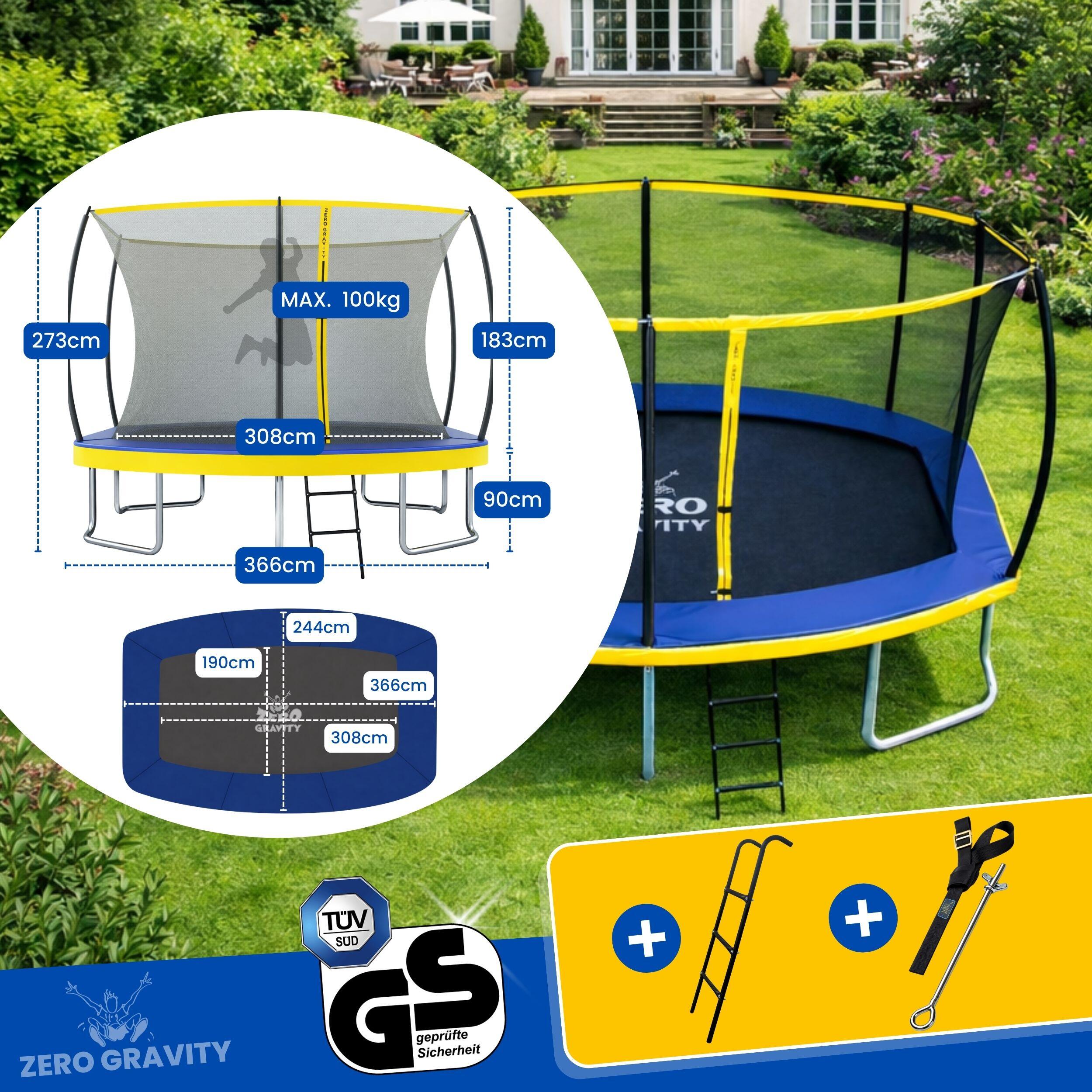Trampolin Outdoor 366x244cm, TÜV GS, Smartes Klappnetz, Inkl. Leiter, Bodenanker 4/7