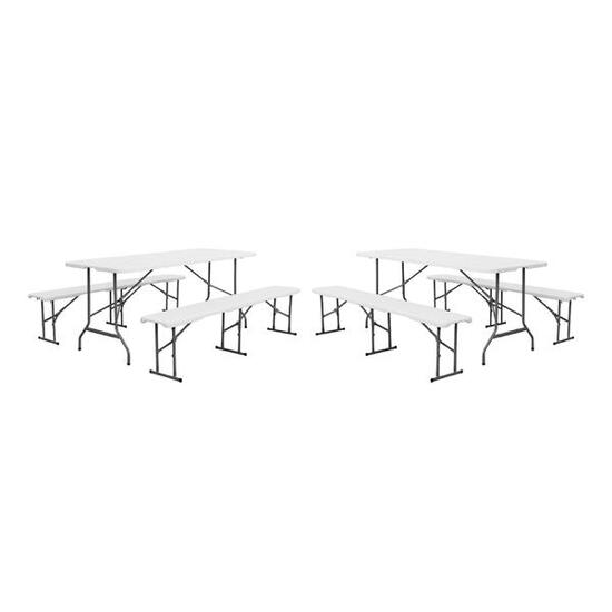 Lot de 2 tables de réception pliantes acier 2 bancs blanc | sweeek