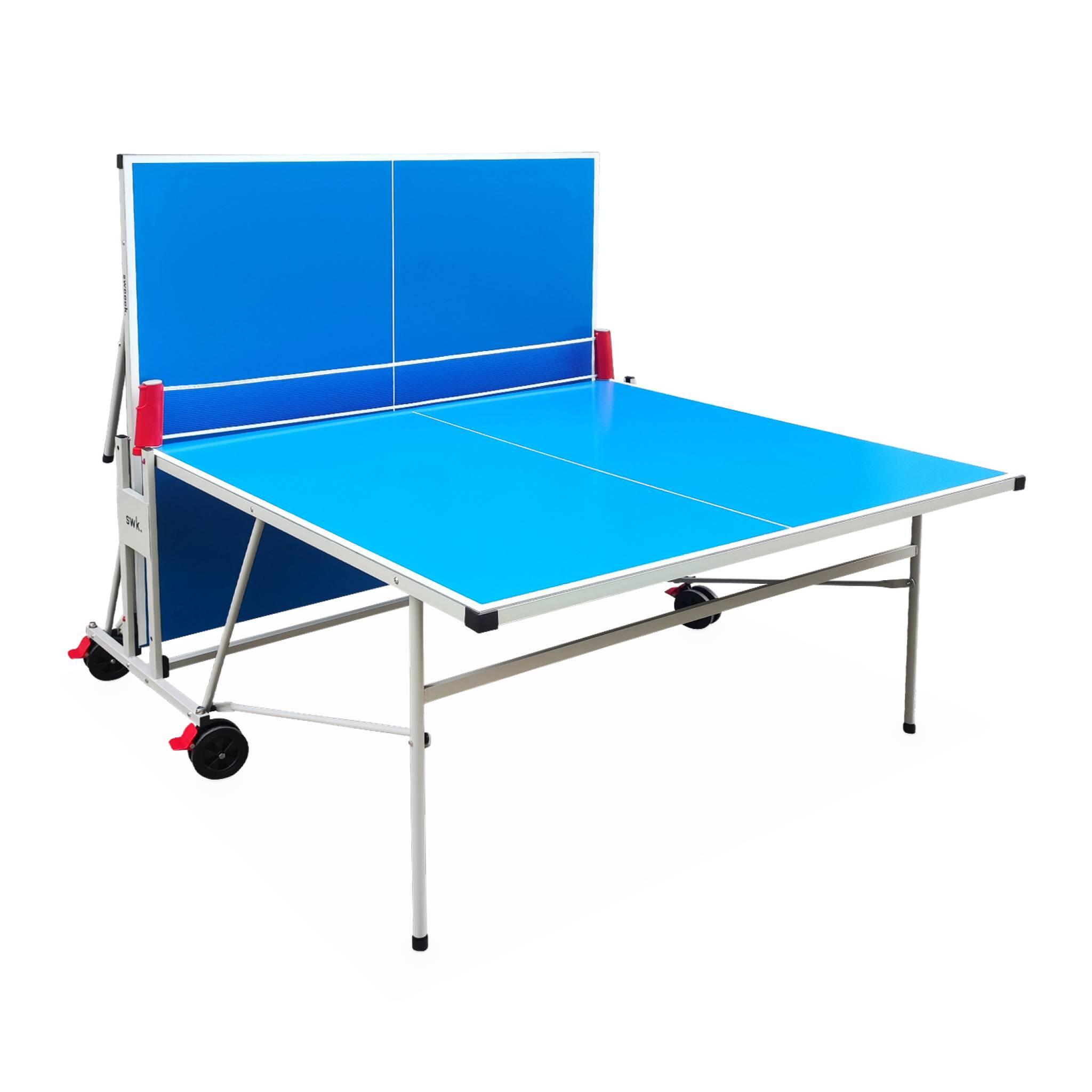 Tischtennisplatte OUTDOOR blau klappbarer Tisch mit 2 Schlägern und 3 Bällen 2/5