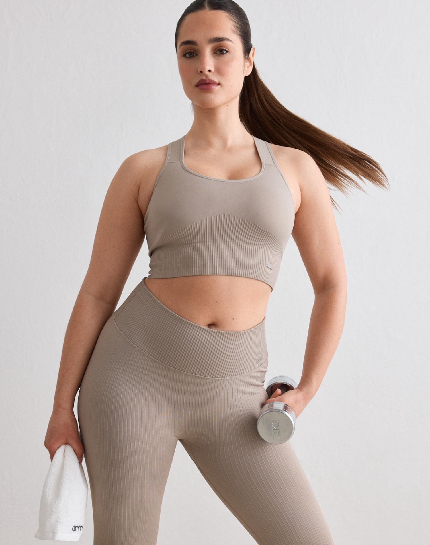 Femme Soutien-gorge de sport Maintien Élevé Côtelé Sans Couture Beige Foncé 2/5
