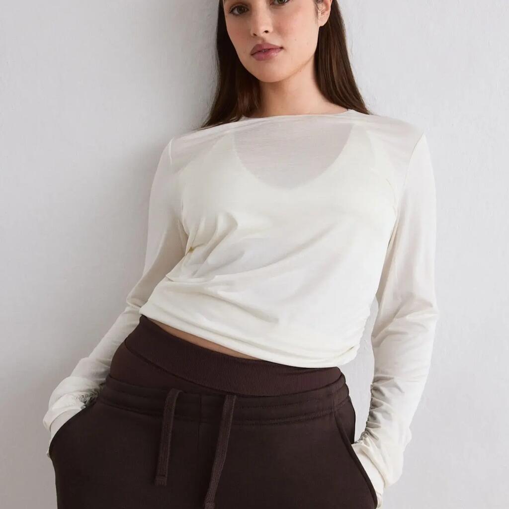 Women's Training Long Sleeve Top Sheer Stretch Draped Off White