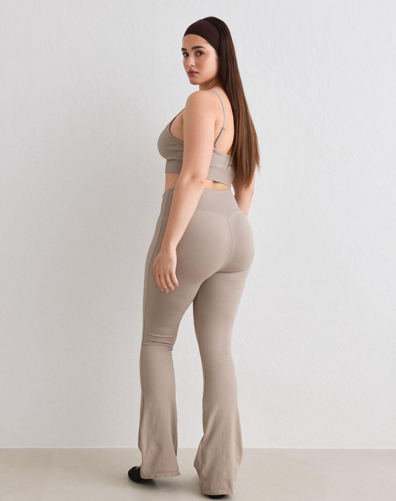 Donna Leggings Svasata a Coste Senza Cuciture Beige Scuro 2/5