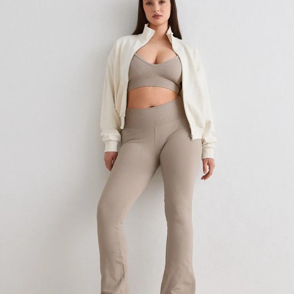 Women's Tights Ribbed Seamless Flared-Leg High-Waisted Squat Proof Dark Clay