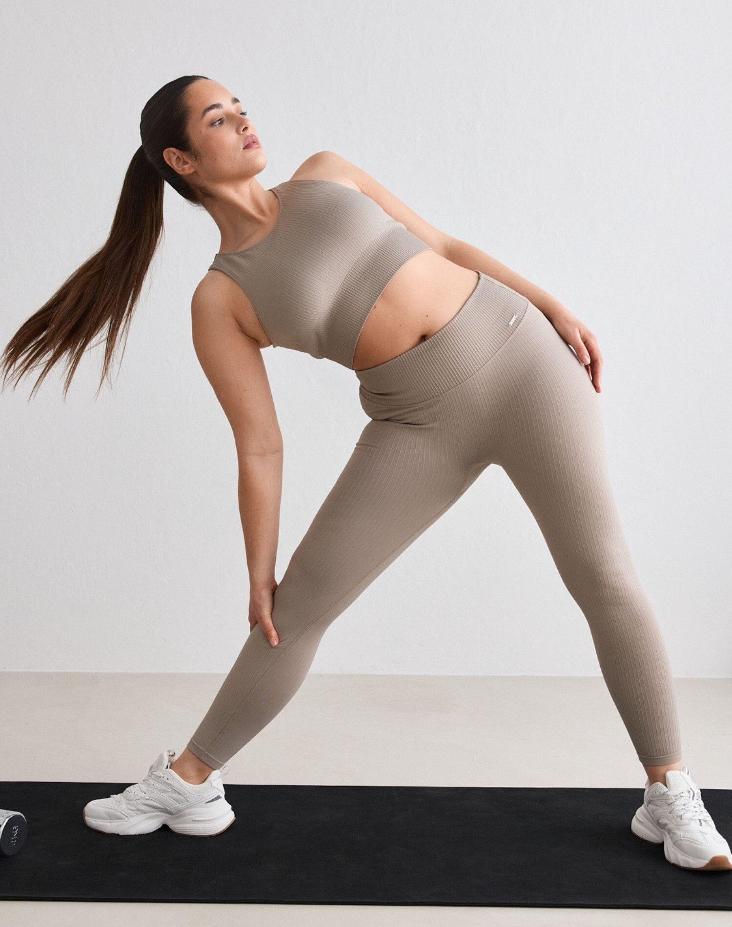 Damskie legginsy bezszwowe, prążkowane, wysoki stan, squat proof ciemna glina