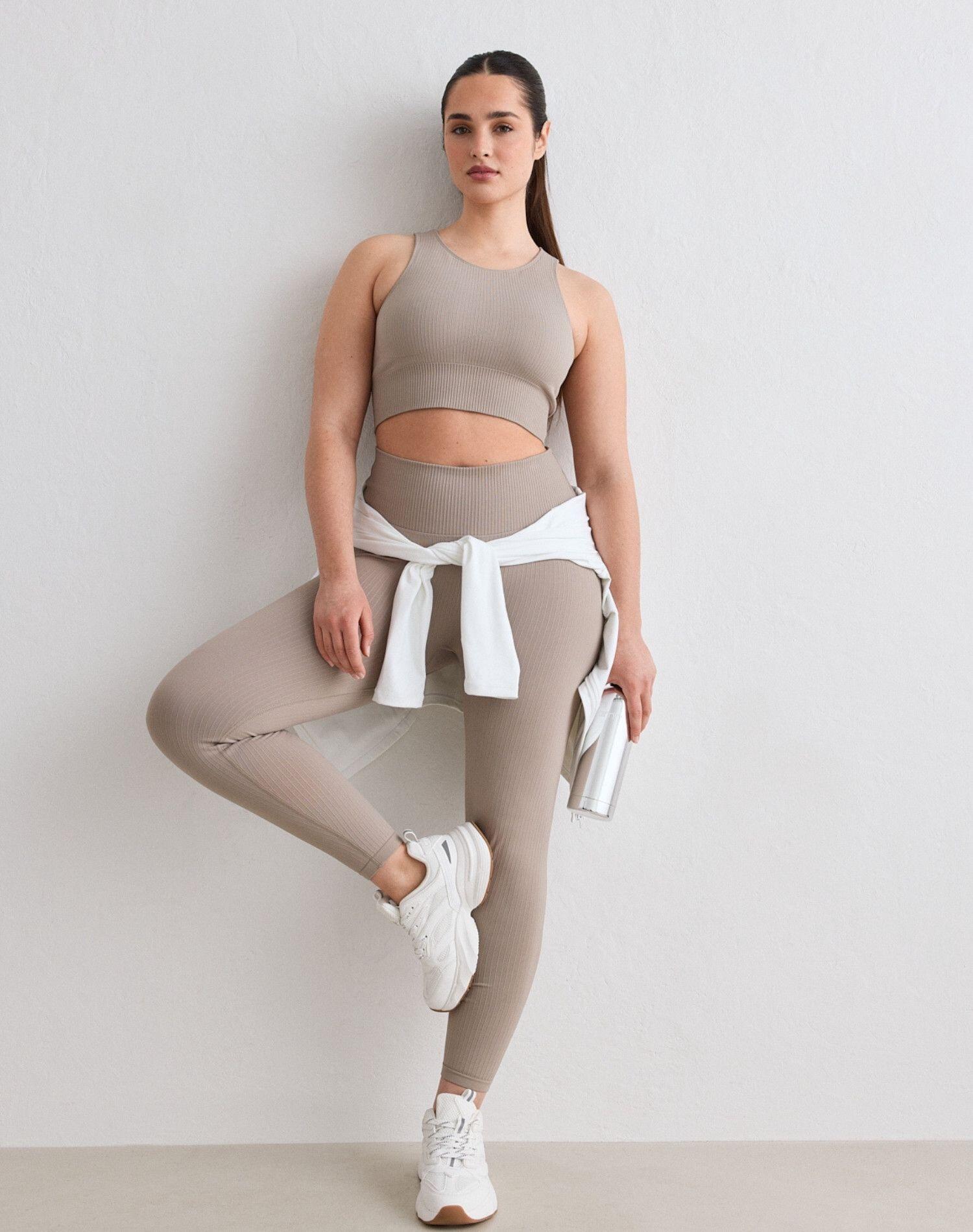 Damskie legginsy prążkowane, bezszwowe, wysoki stan, squat proof petite beżowe