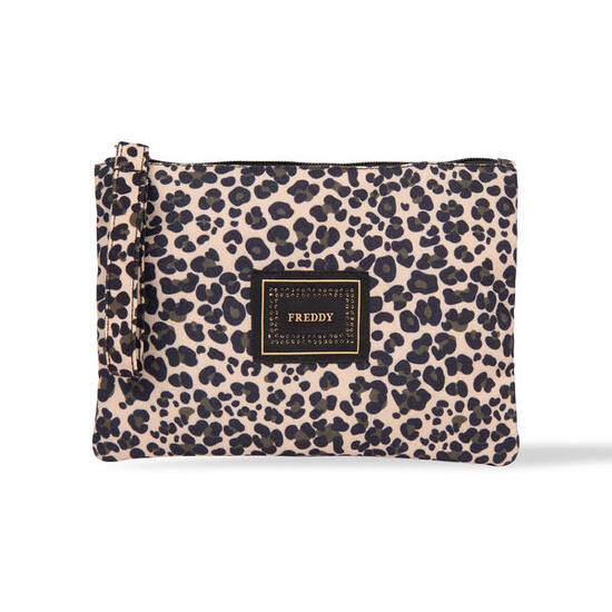 Bustina animalier in canvas con zip e logo con strass