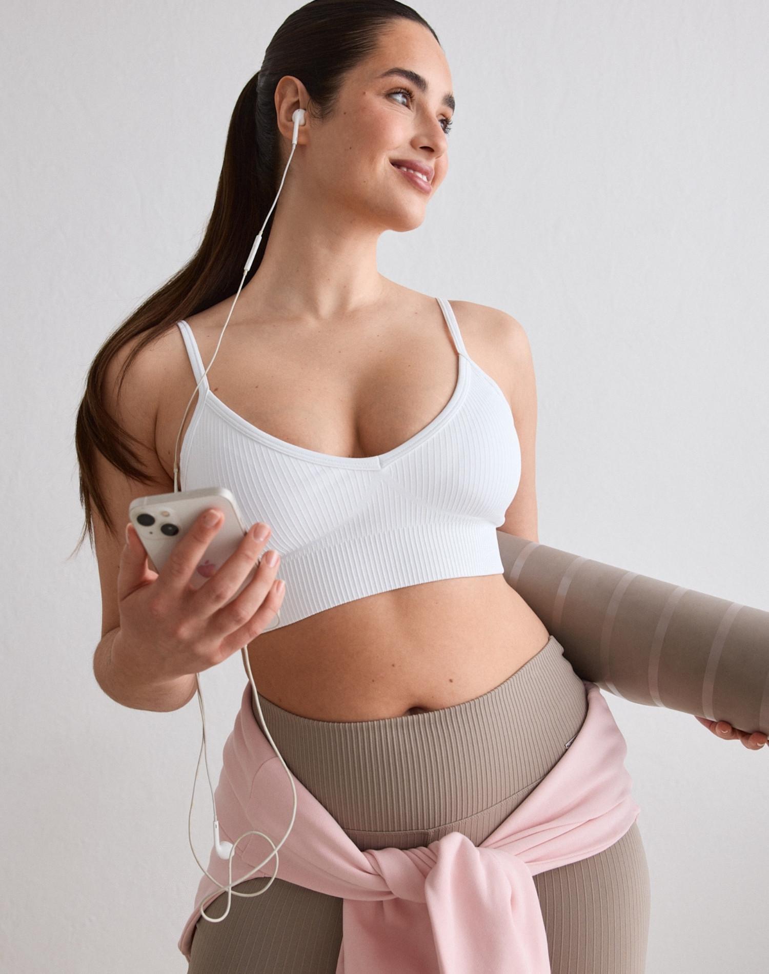 Femme Soutien-gorge de sport Côtelé Décolleté Profond Blanc 3/4