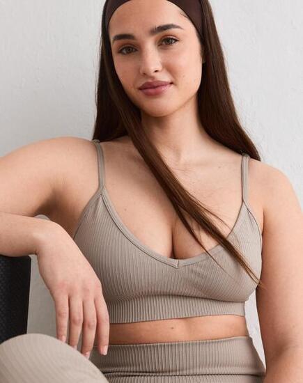 Femme Soutien-gorge de sport Côtelé Décolleté Profond Beige Foncé