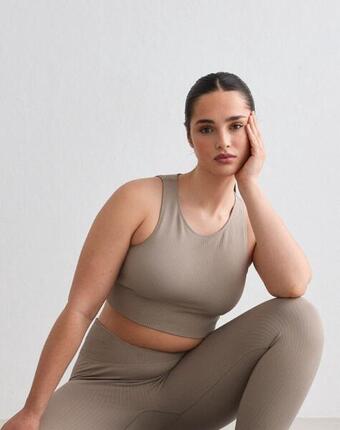 Femme Débardeur Court Côtelé Sans Couture Coques Amovibles Beige Foncé