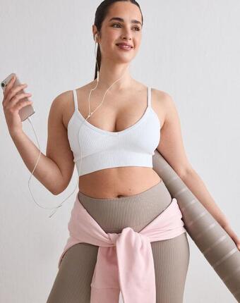 Femme Soutien-gorge de sport Côtelé Décolleté Profond Beige Foncé