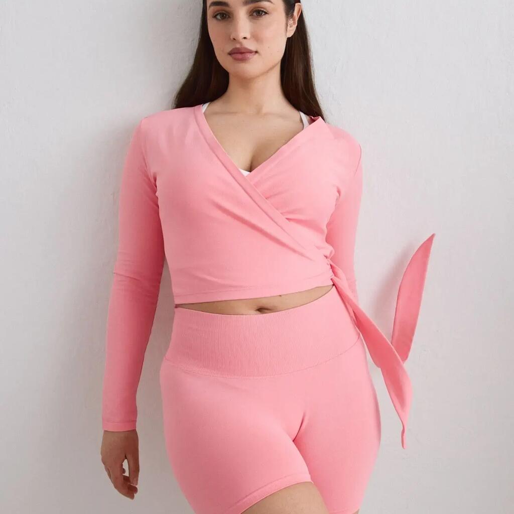Women's Long Sleeve Top Seamless Wrap Adjustable Ties Shape Blush Pink