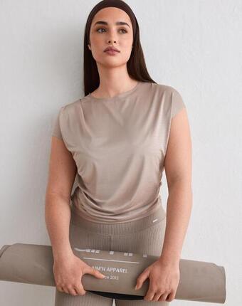 Femme Haut Entraînement Manches Courtes Extensible Drapé Beige Foncé