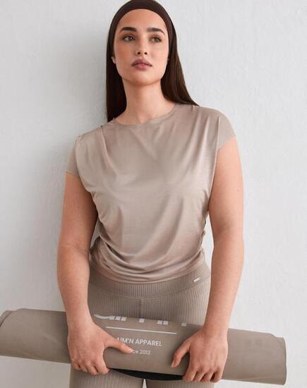 Femme Haut Entraînement Manches Courtes Extensible Drapé Beige Foncé