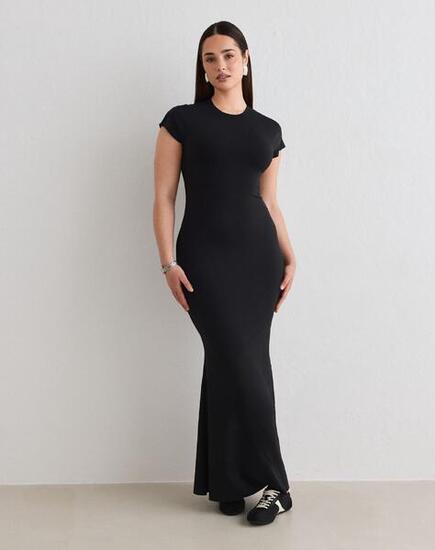 Femme Robe Maxi Coupe Sirène Mancherons Noir