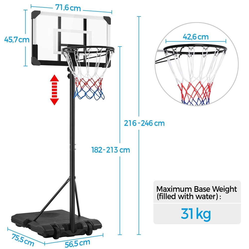 Basketballkorb mit Basis mobil anpassbar von 182–213 cm Kinder – Schwarz & Weiß 4/7