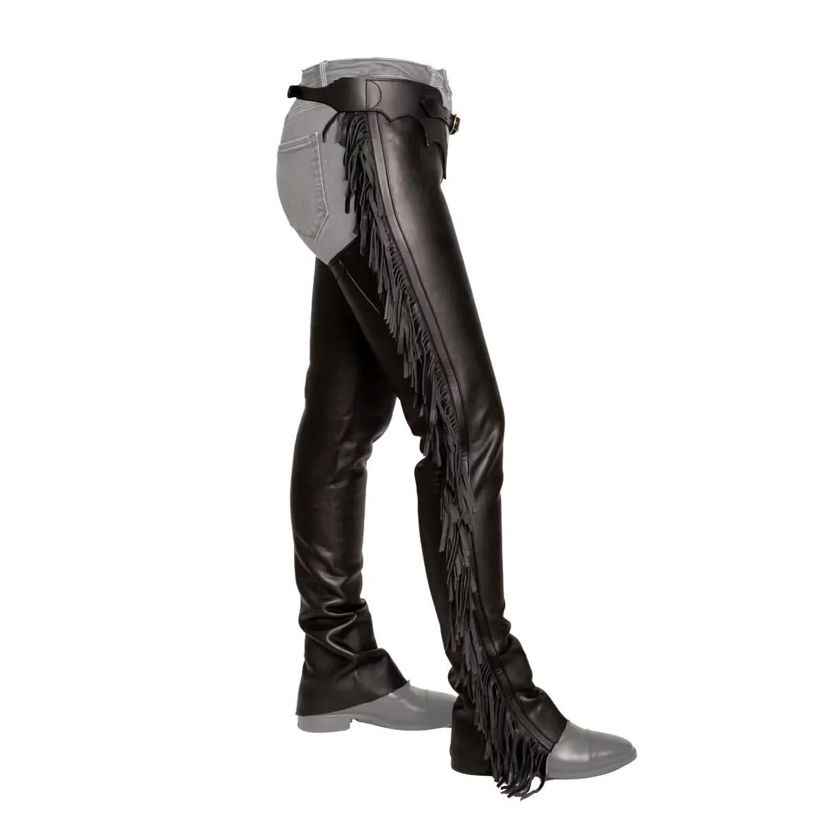 Chaps western en cuir suédé noir pour femmes avec franges
