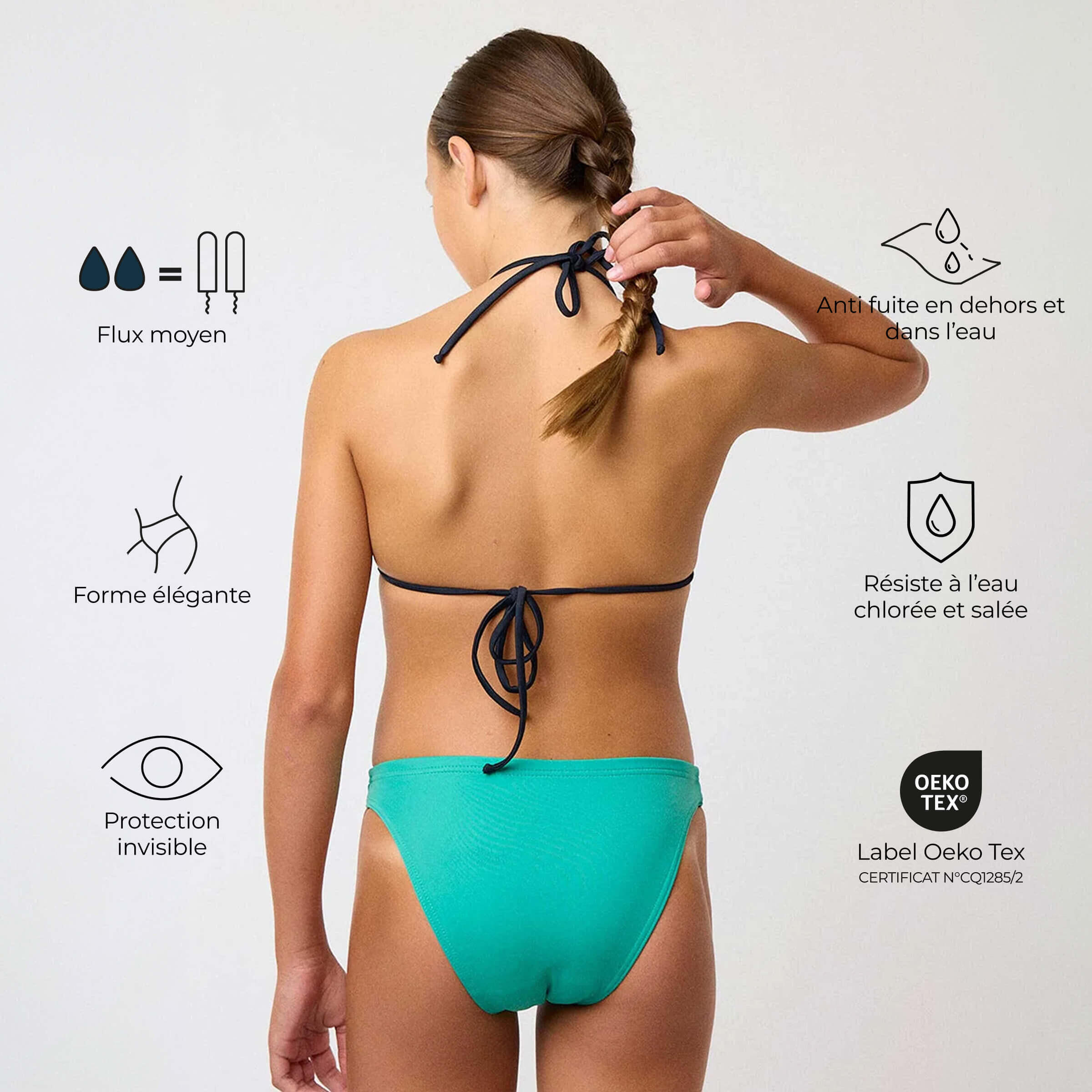 Bas de maillot de bain menstruel à nœuds étanche - Culotte Ado - Flux moyen 2/7