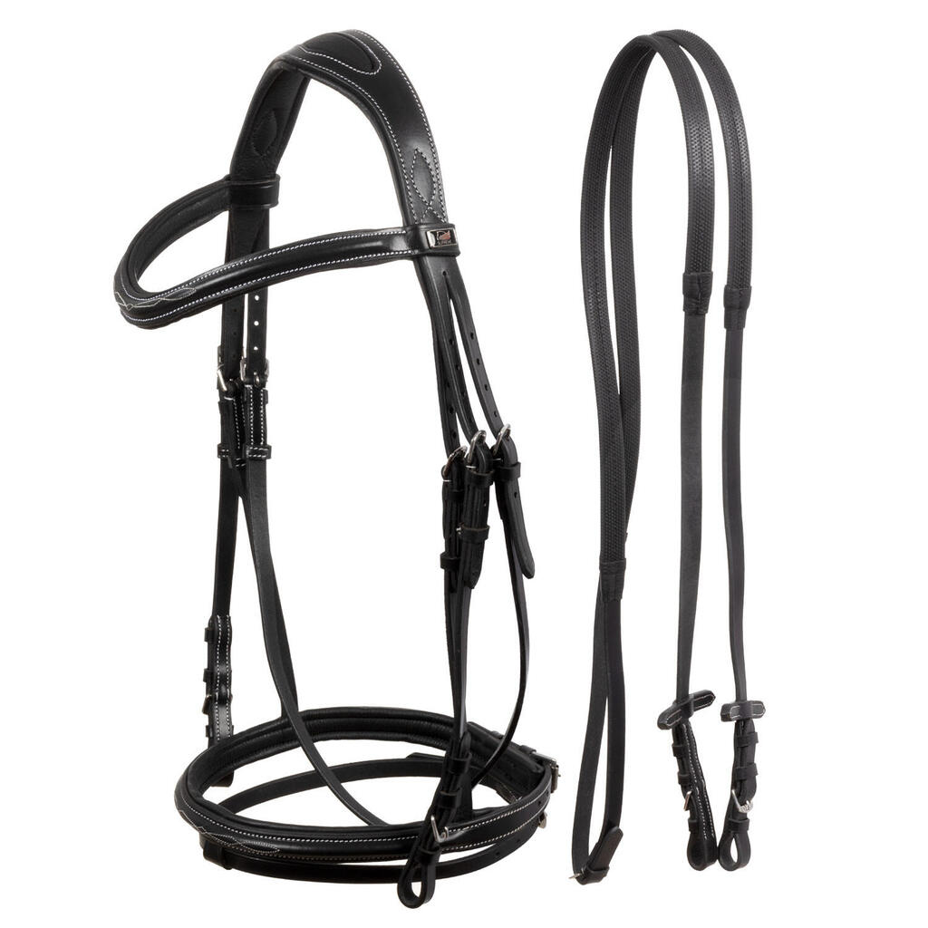 Headstall with contrasting stitching and reins