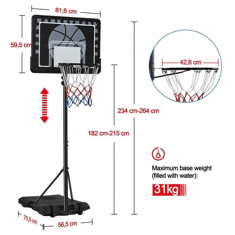 Basketballkorb mit Ständer mobil höhenanpassbar von 182–215 cm Kinder – Schwarz 2/7