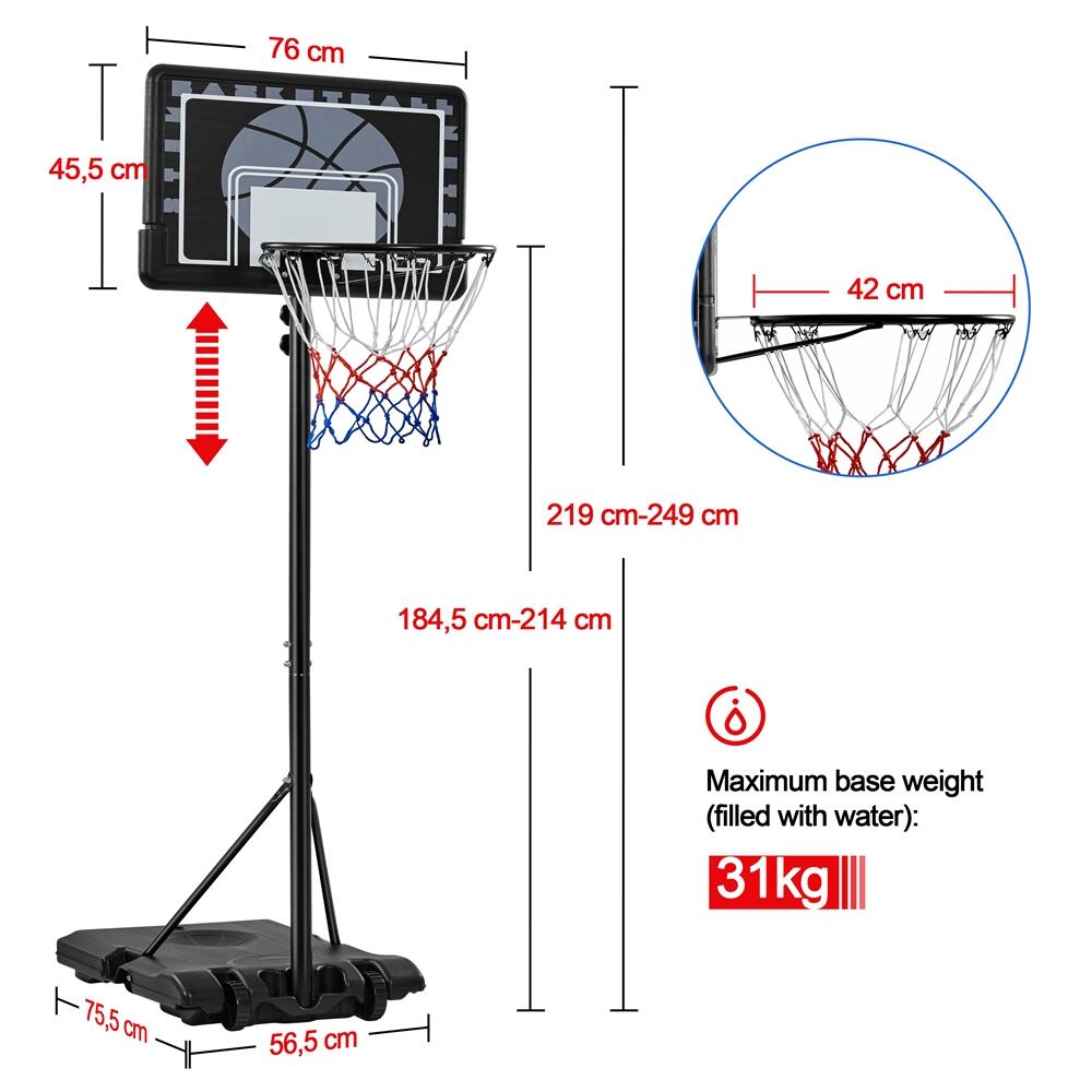 Basketballkorb mit Basis mobil höhenanpassbar von 182–215 cm Kinder – Schwarz 4/7