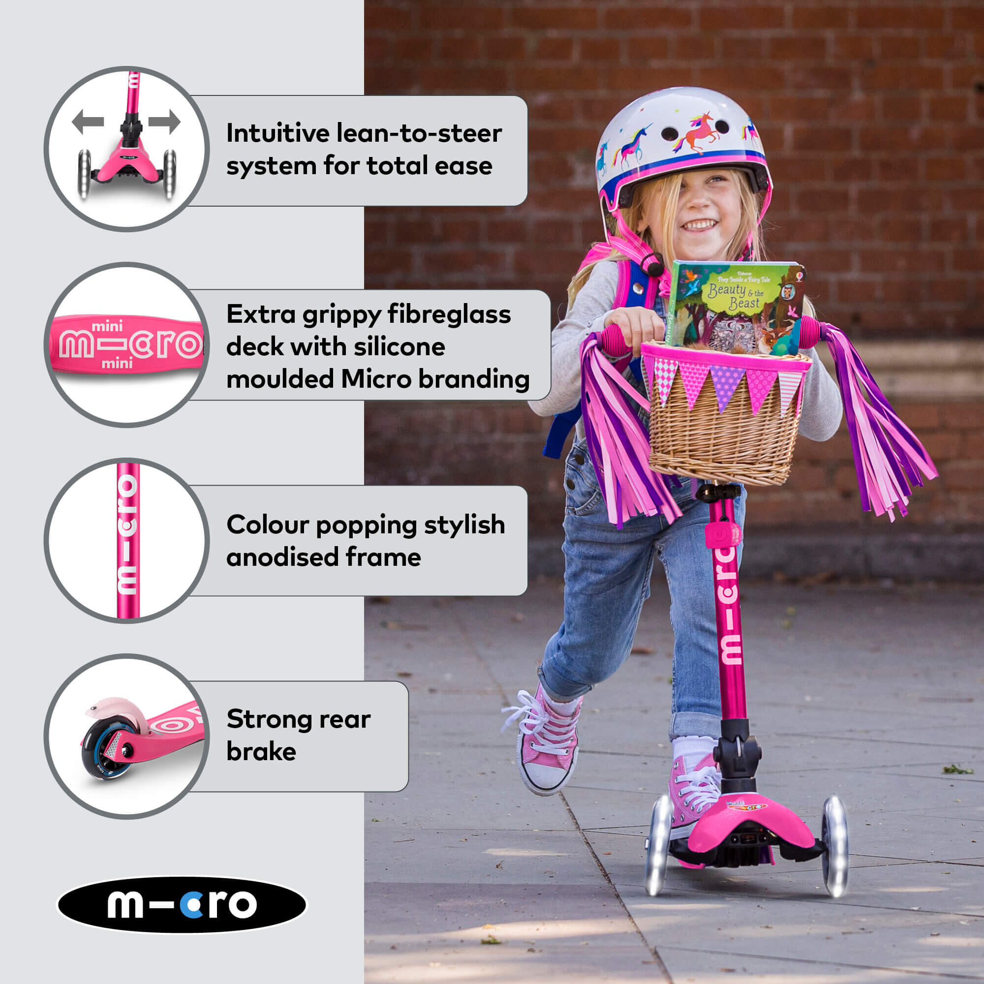 Patinete 3 Ruedas Micro Mini Deluxe Plegable LED Rosa 5/7