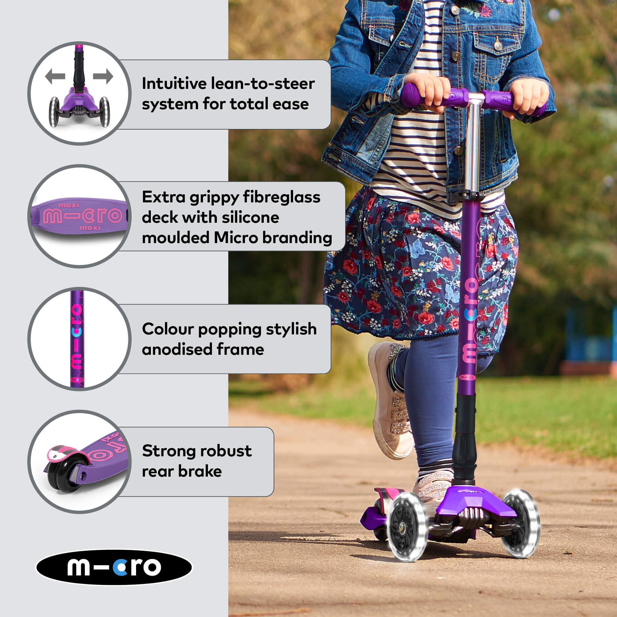 TROTINETE CRIANÇA MICRO MAXI DELUXE LED LILÁS TROTINETE DOBRÁVEL DE 3 RODAS 5/7