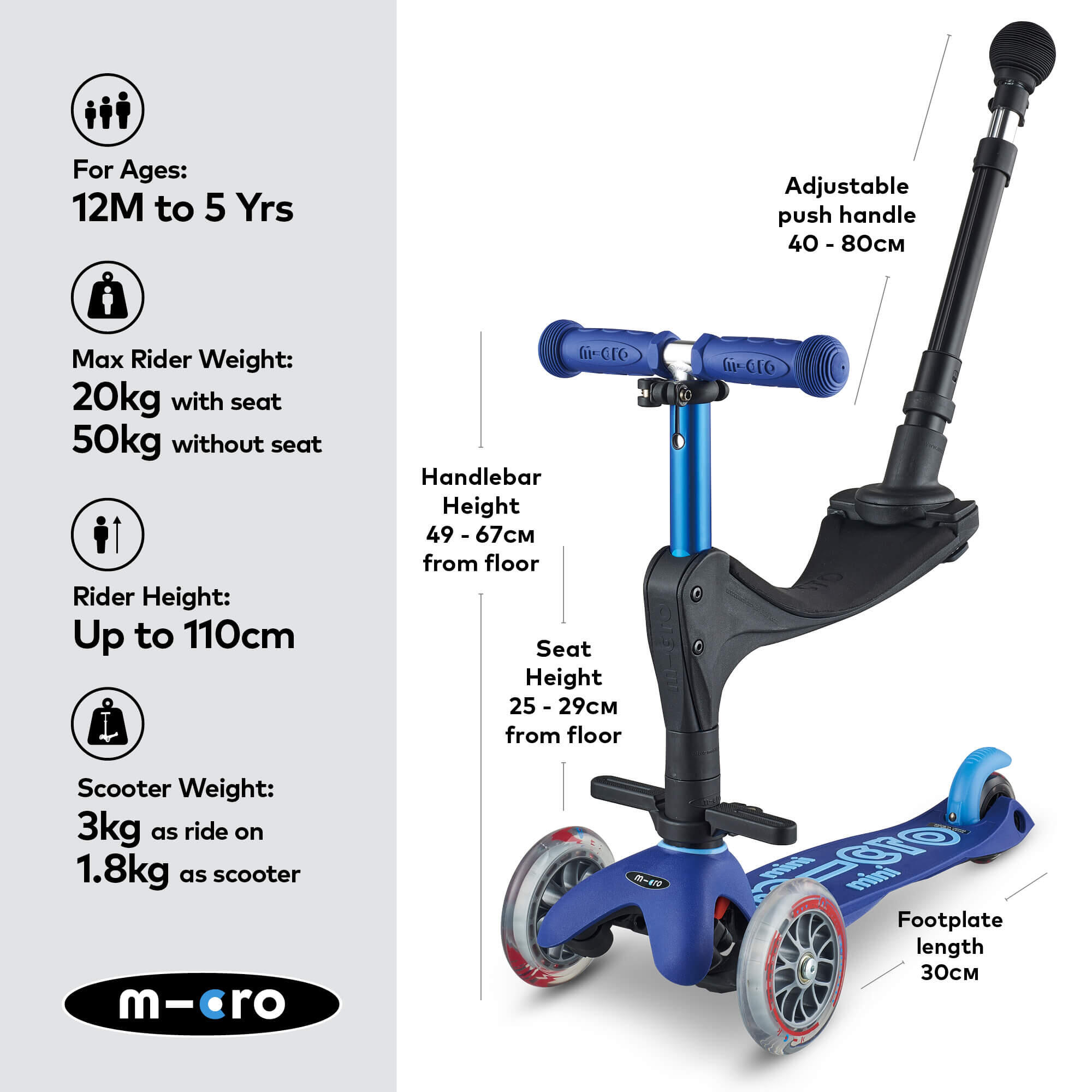 Hulajnoga 3w1 z drążkiem do pchania dla rodziców Mini Micro 3w1 Deluxe Plus 3/7