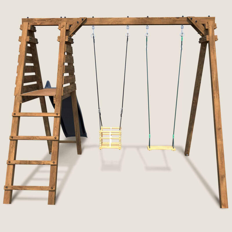 Portique en bois carré 2 agrès avec balançoire bébé et toboggan PRUNE 3/5