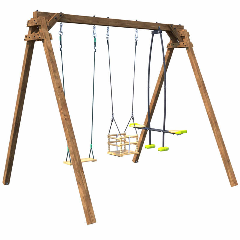 Portique en bois carré 3 agrès avec balançoire bébé et face à face PIERRE 1/5