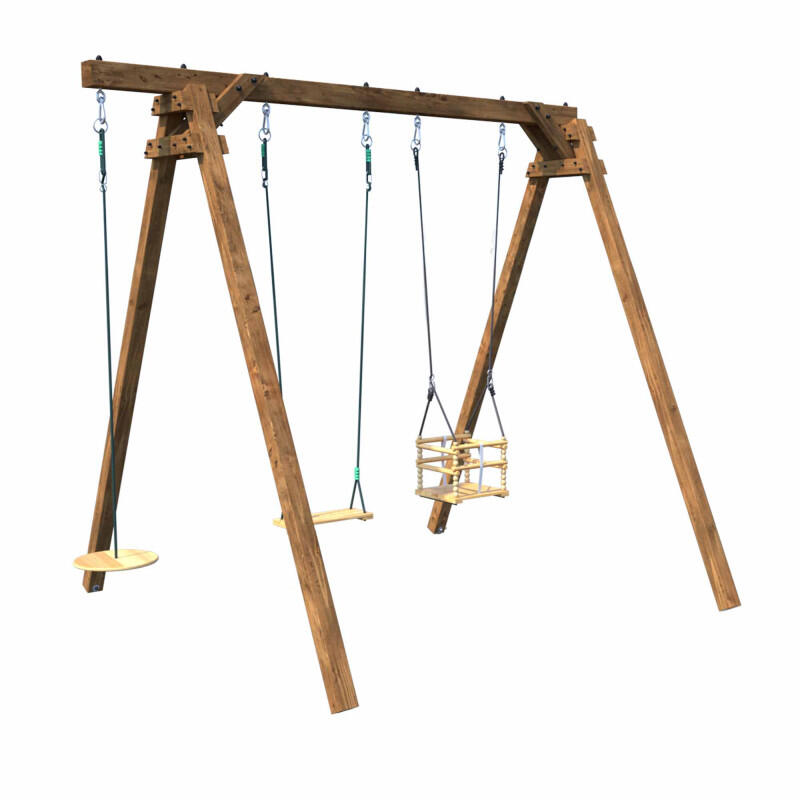 Portique en bois carré 3 agrès avec balançoire bébé et corde disque ULYSSE 1/5