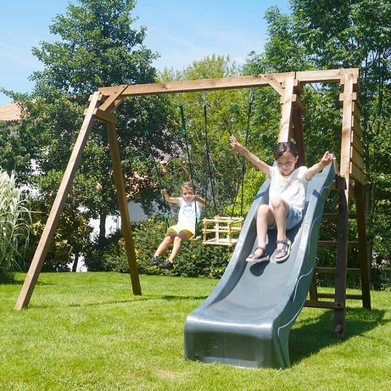 Portique en bois carré 2 agrès avec balançoire bébé et toboggan PRUNE 2/5