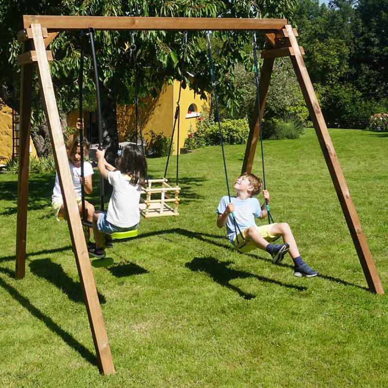 Portique en bois carré 3 agrès avec balançoire bébé et face à face PIERRE 3/5