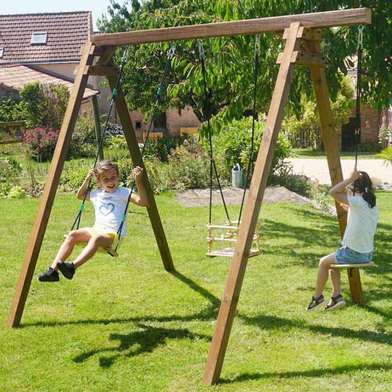 Portique en bois carré 3 agrès avec balançoire bébé et corde disque ULYSSE 3/5