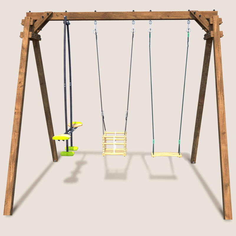 Portique en bois carré 3 agrès avec balançoire bébé et face à face PIERRE 2/5