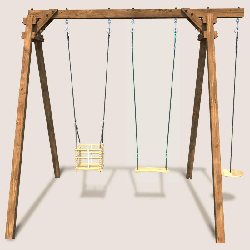Portique en bois carré 3 agrès avec balançoire bébé et corde disque ULYSSE 2/5