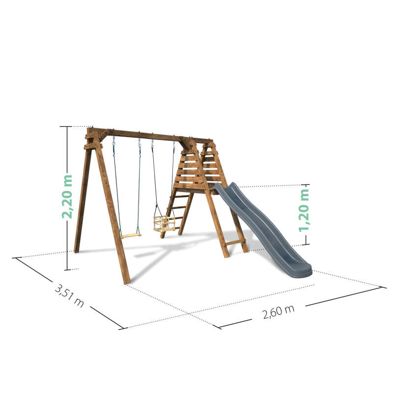 Portique en bois carré 2 agrès avec balançoire bébé et toboggan PRUNE 4/5