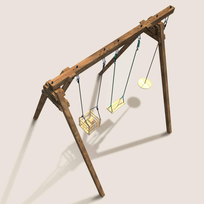 Portique en bois carré 3 agrès avec balançoire bébé et corde disque ULYSSE 5/5